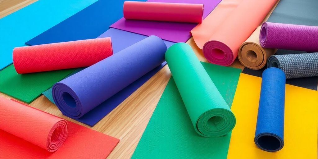 Colorful yoga mats on a wooden floor.