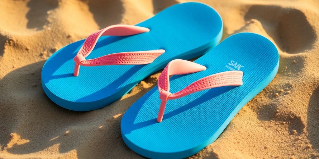 Sanuk Yoga Mat Flip Flops on sandy beach background.