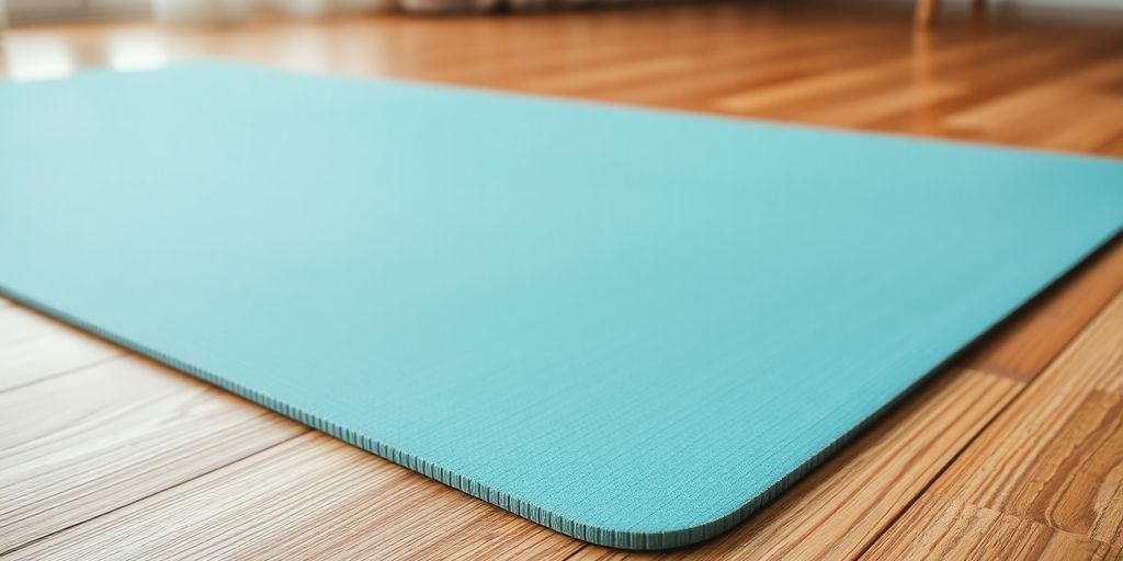 Thick yoga mat on wooden floor, showing texture and color.