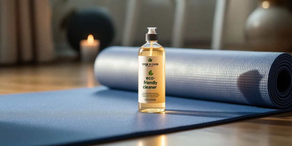 Clean yoga mat with eco-friendly cleaner beside it.