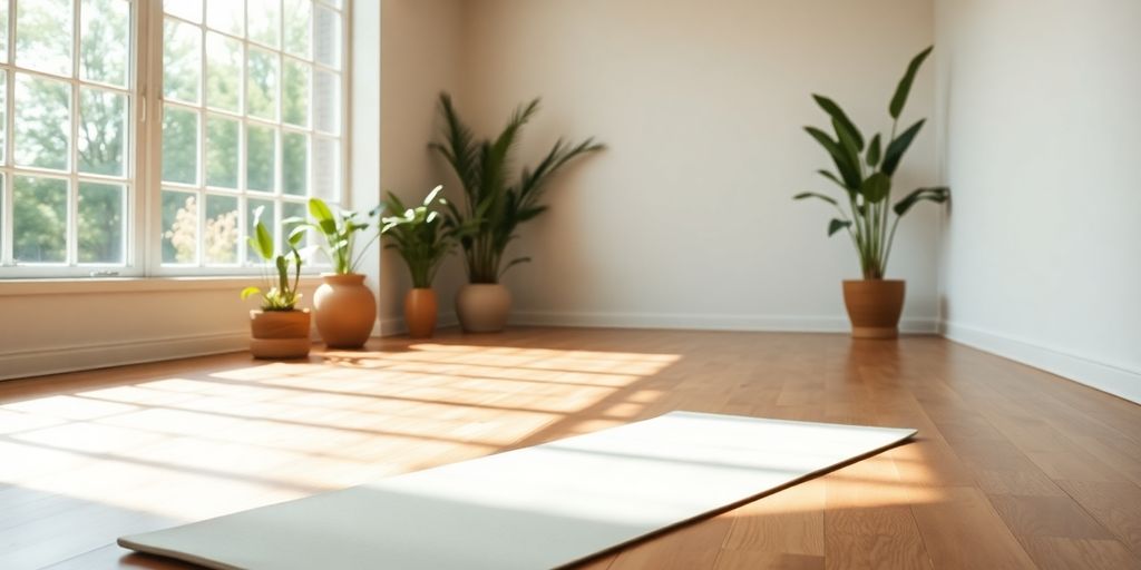 Natural fitness yoga mat in a serene yoga studio.