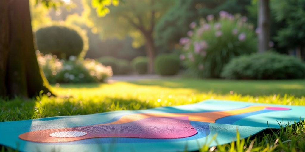 Colorful yoga mat on grass in natural light.