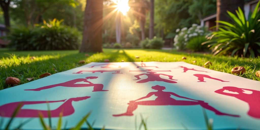 Yoga mat with poses in a serene outdoor setting.