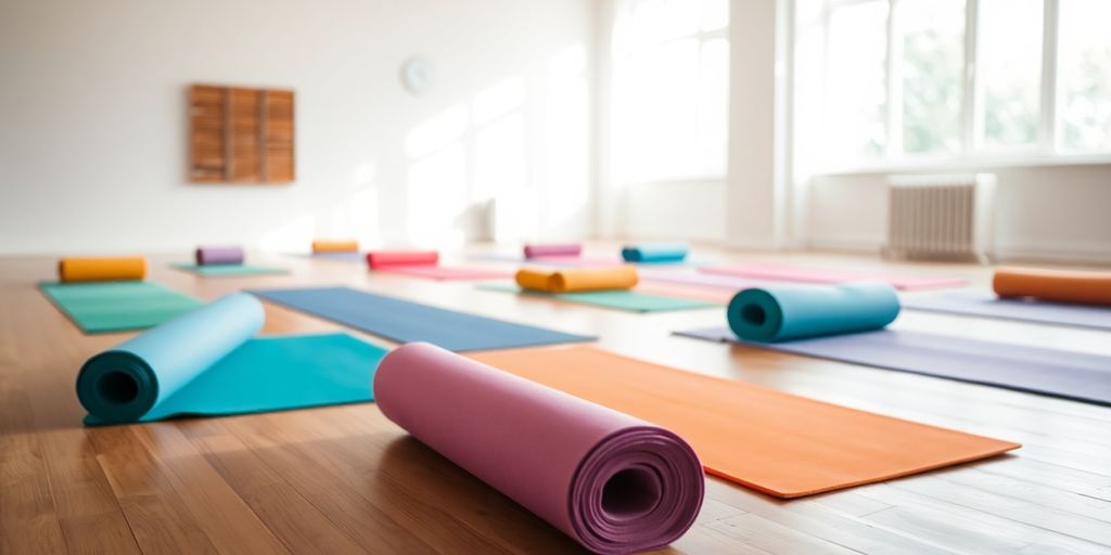 Colorful foam yoga mats in a bright studio.