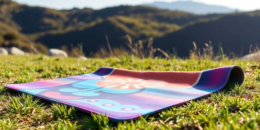 Foldable yoga mat on grass in a sunny outdoor setting.