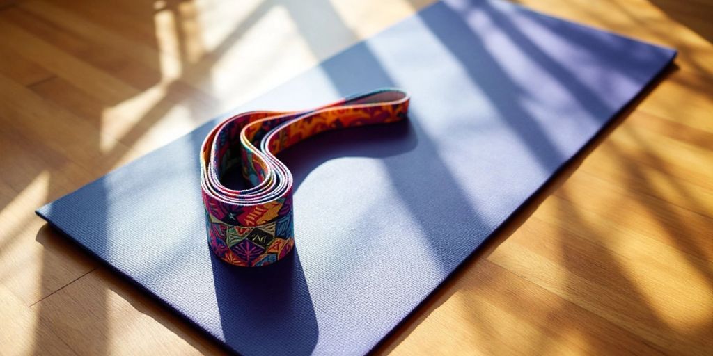 Colorful yoga mat strap on a wooden floor.