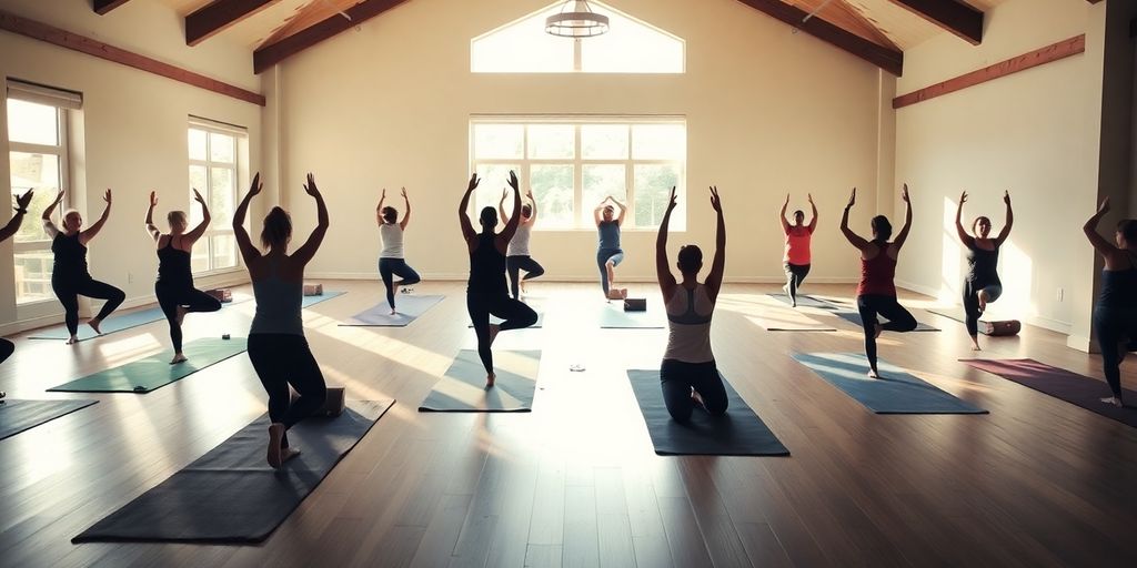 Yoga practitioners in various poses in a serene studio.