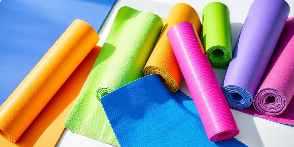 Colorful mats for stretching displayed on a clean surface.