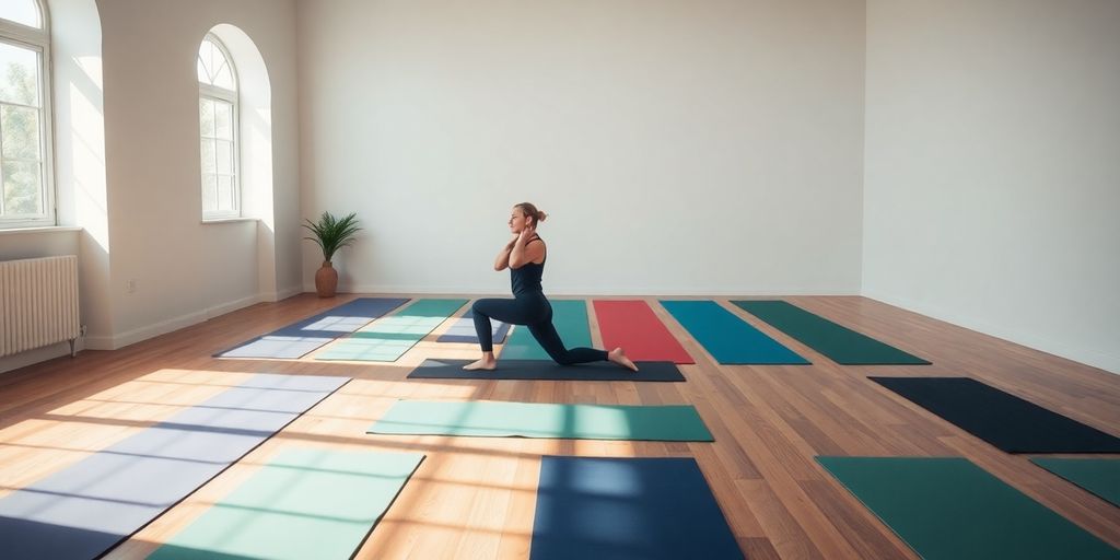 Colorful long yoga mats in a bright studio.