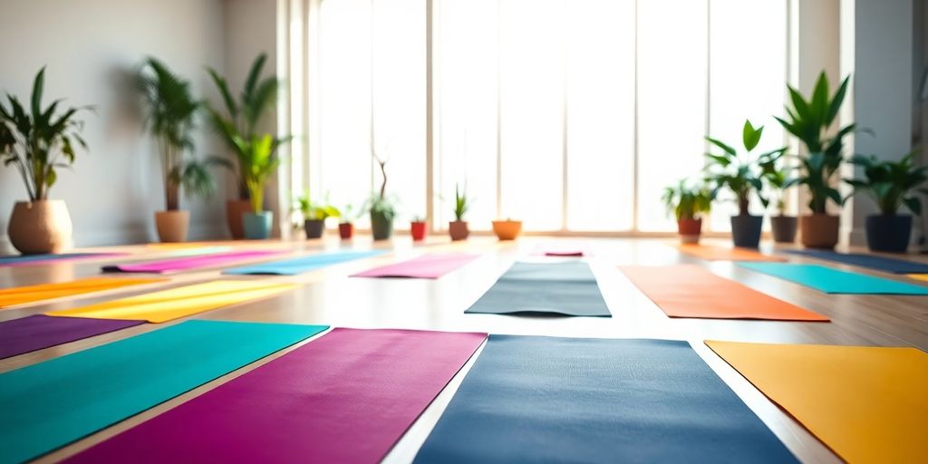 Colorful yoga mats in a serene studio environment.