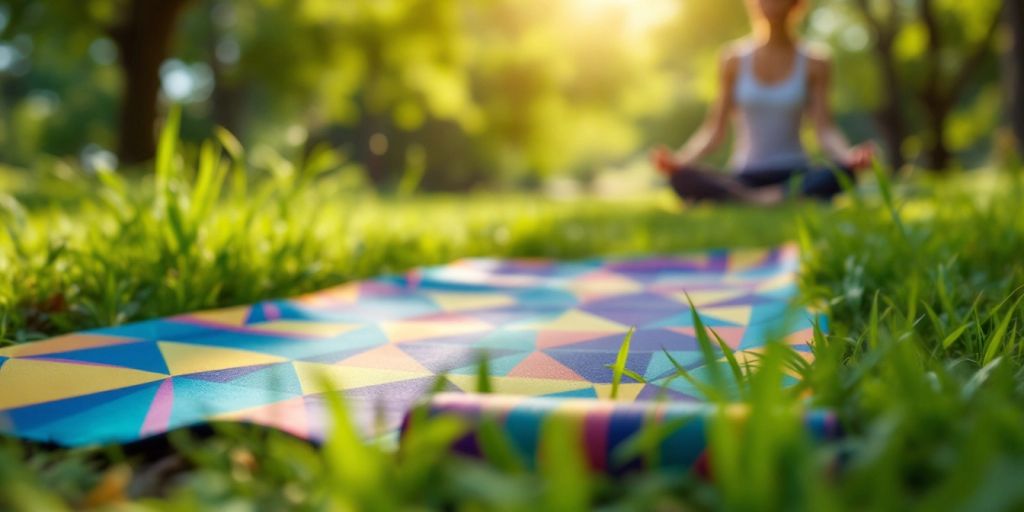 Person practicing yoga on a portable mat outdoors.