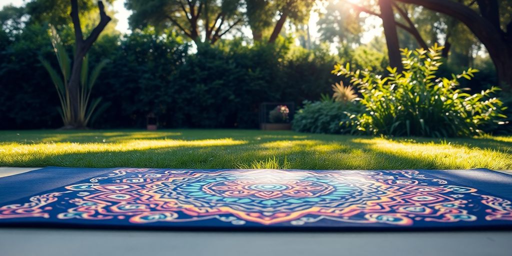 Colorful yoga mat in a serene outdoor environment.