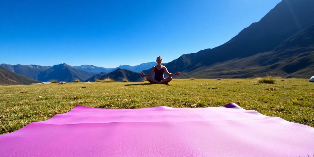 Lightweight yoga mat on grass with mountains in background.