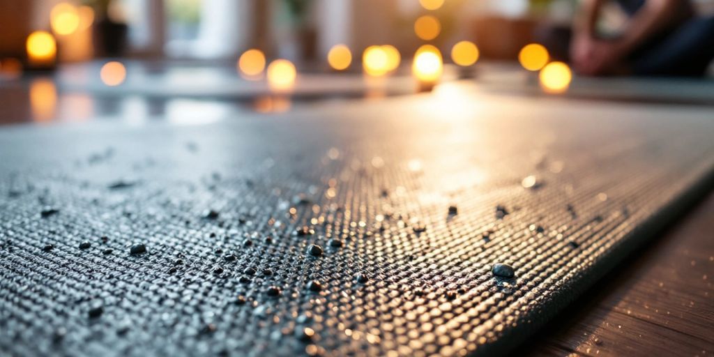 Close-up of a wet yoga mat on soft surface.