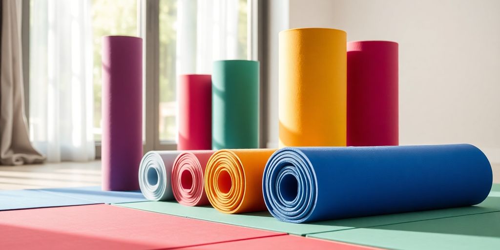 Five colorful, durable yoga mats displayed indoors.