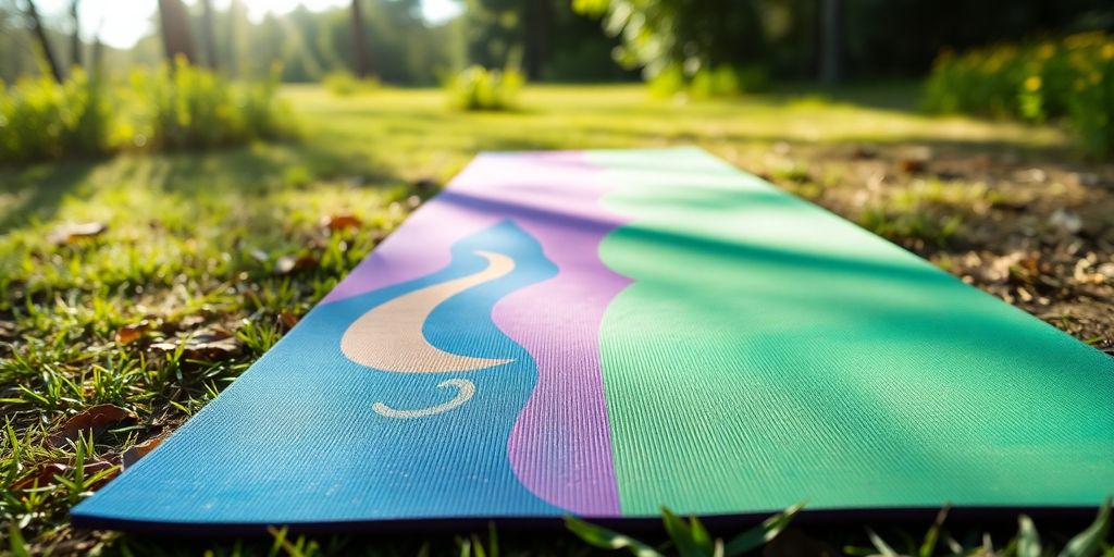 Colorful yoga mat in a peaceful outdoor setting.