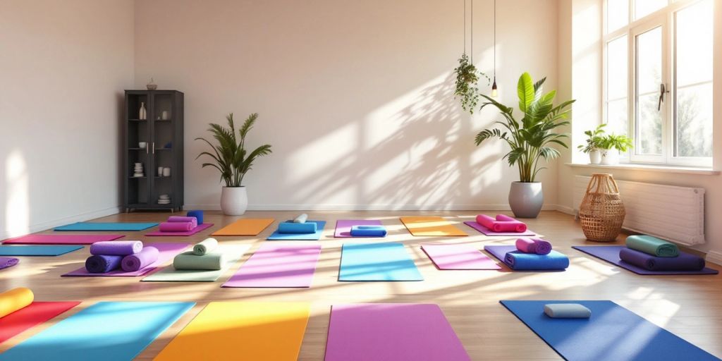 Colorful yoga mats in a bright studio for hot yoga.