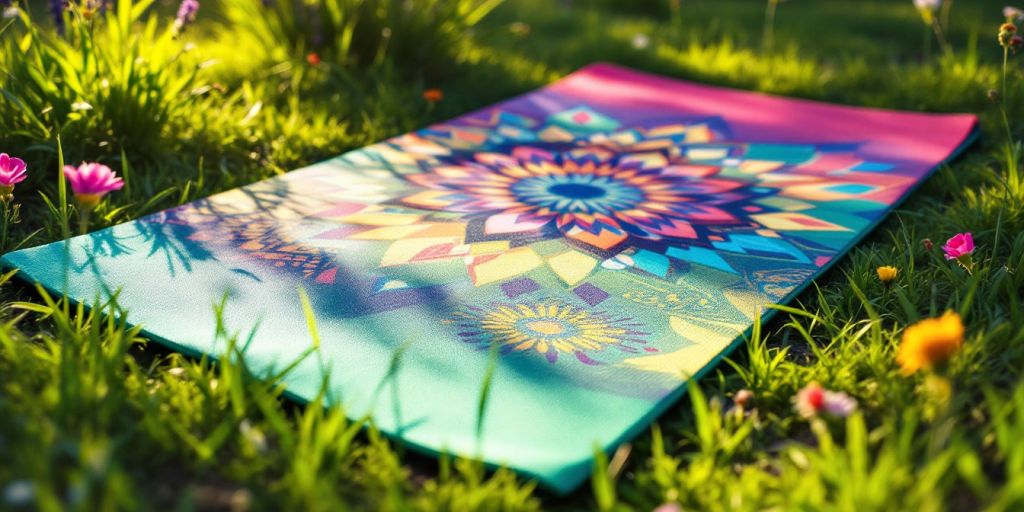 Colorful yoga mat in a serene outdoor setting.