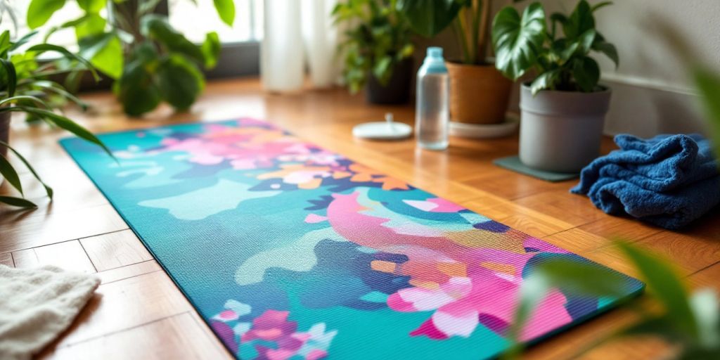 Colorful yoga mat with plants and accessories nearby.