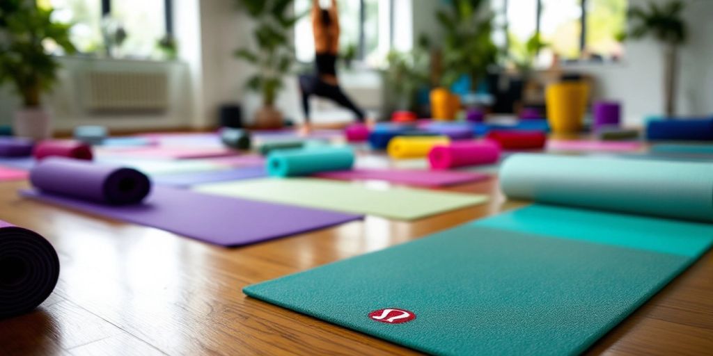 Colorful Lululemon yoga mats in a serene studio setting.