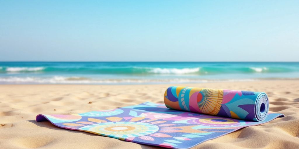 Yoga mat on a beach in Bahrain with waves.