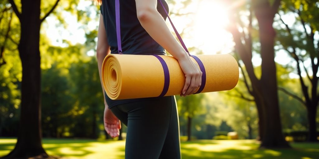 Person carrying a colorful yoga mat in a park.