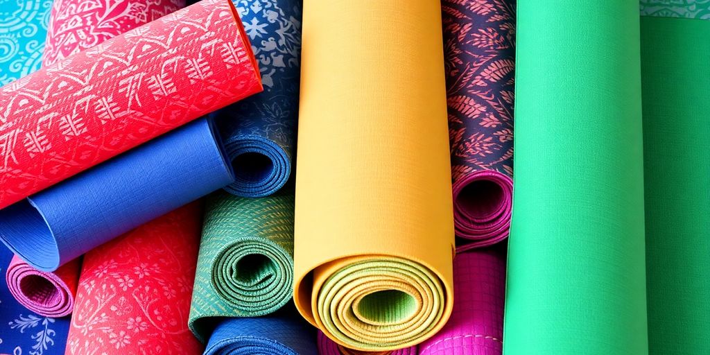 Colorful yoga mats in various patterns and textures.