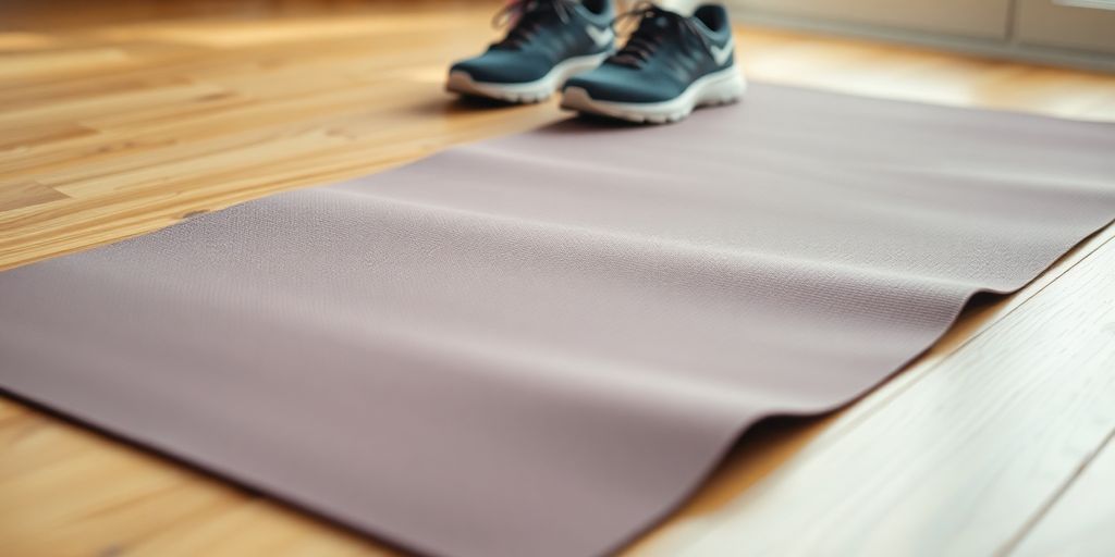 Thin exercise mat on a wooden floor with shoes.