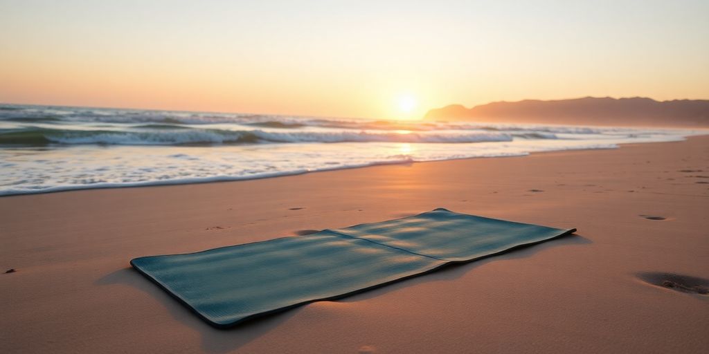 Lightweight yoga mat on a beach at sunrise.