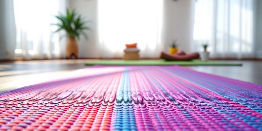 Close-up of a colorful grippy yoga mat.