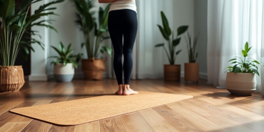 Cork and natural rubber yoga mat with person in pose.