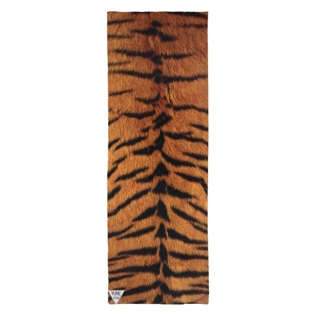 Tiger print yoga mat with orange and black striped pattern, premium yoga accessory