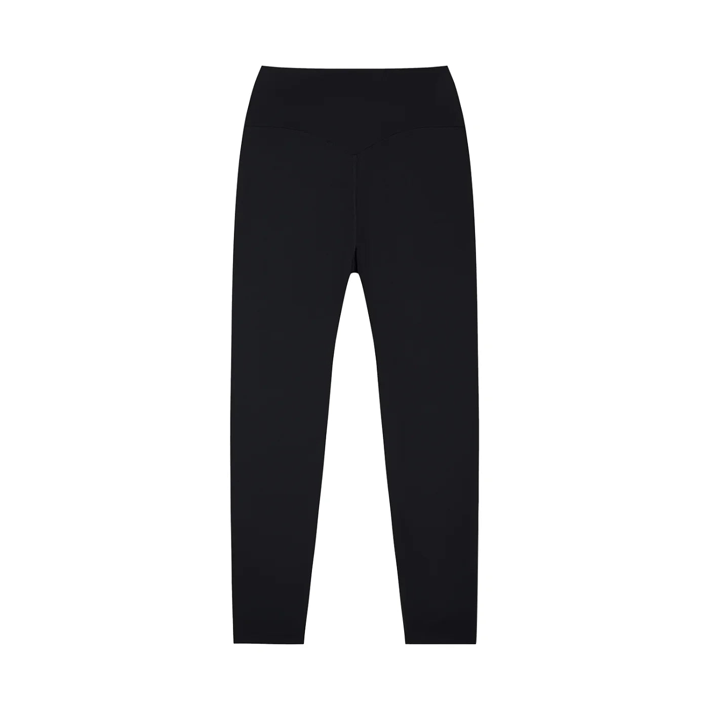 Black high-waisted yoga leggings for women, full length, flat lay on white background