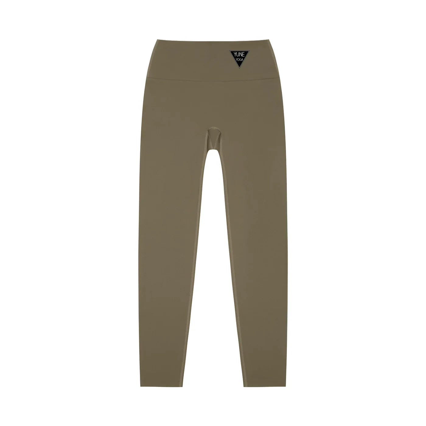 High-waisted olive green yoga leggings with a small triangle logo on waistband