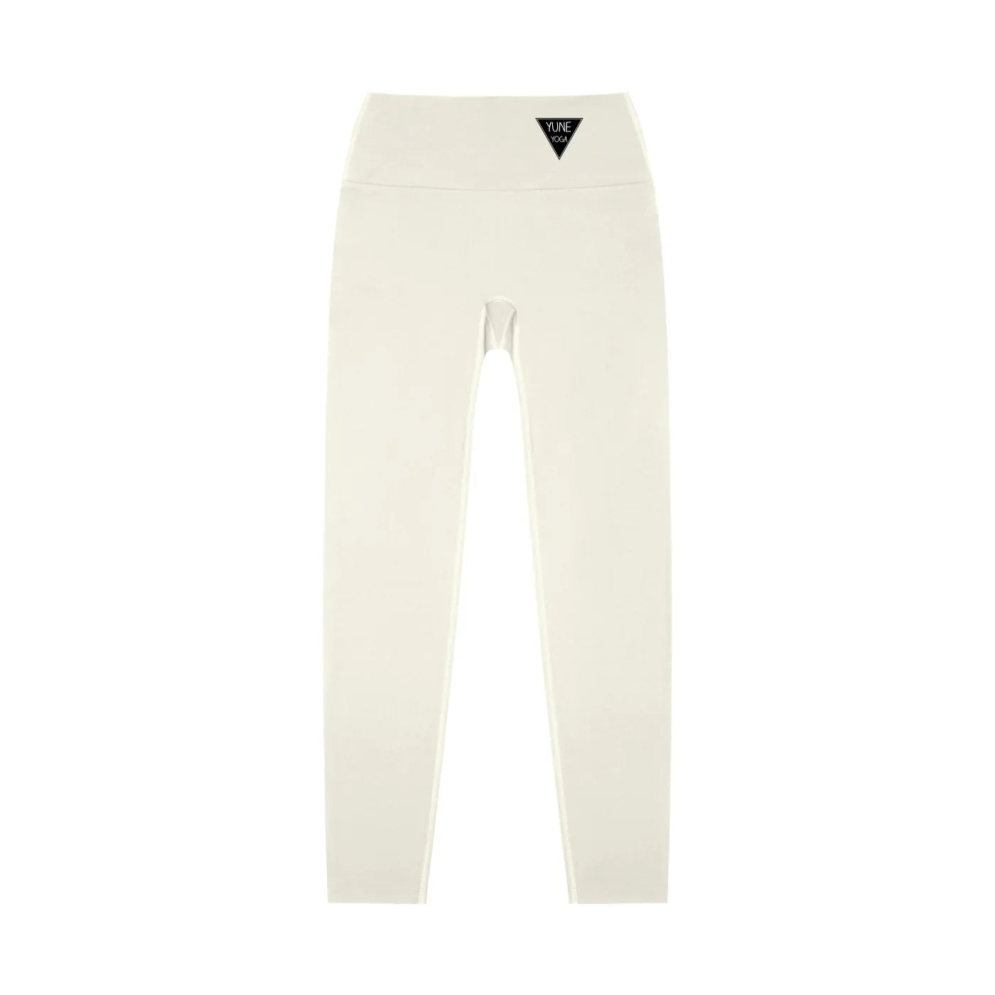 White high-waisted yoga leggings with logo, laid flat on white background
