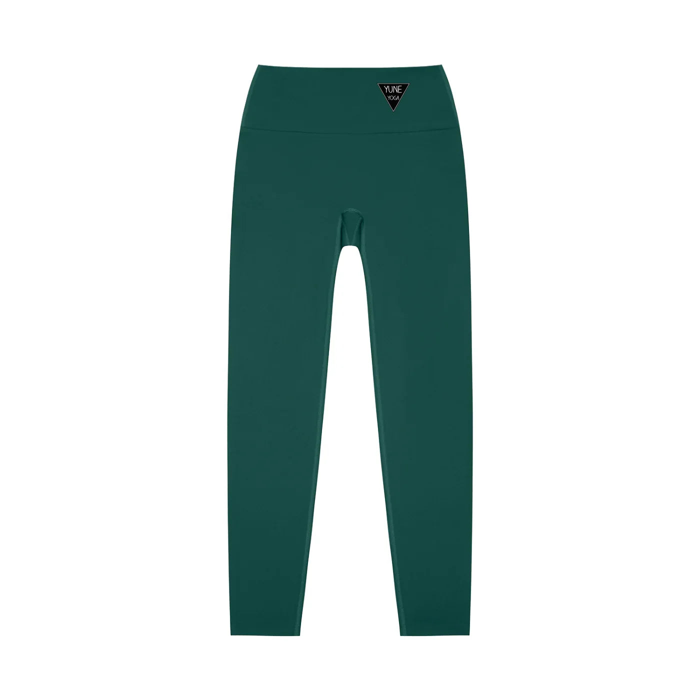 High-waisted green yoga leggings with small black logo patch on waistband