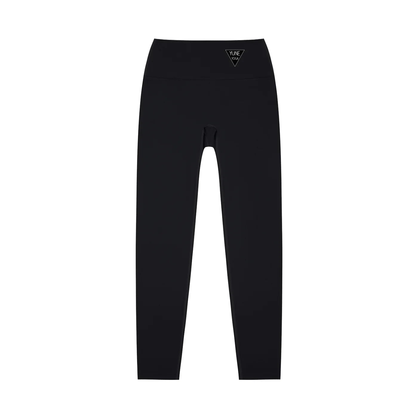 Black high-waisted yoga leggings with a small triangle logo at the waistband, front view.