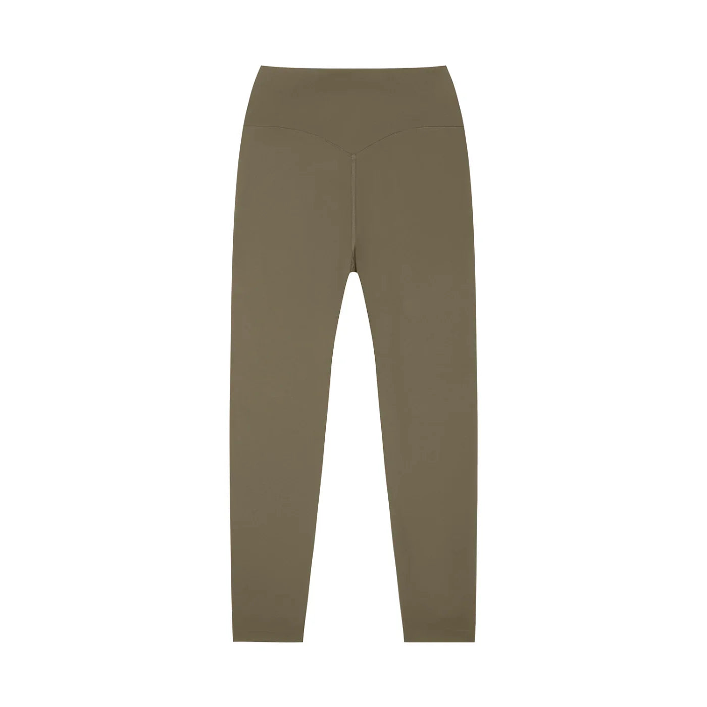 Olive green high-waisted yoga leggings, full length, rear view, seamless design