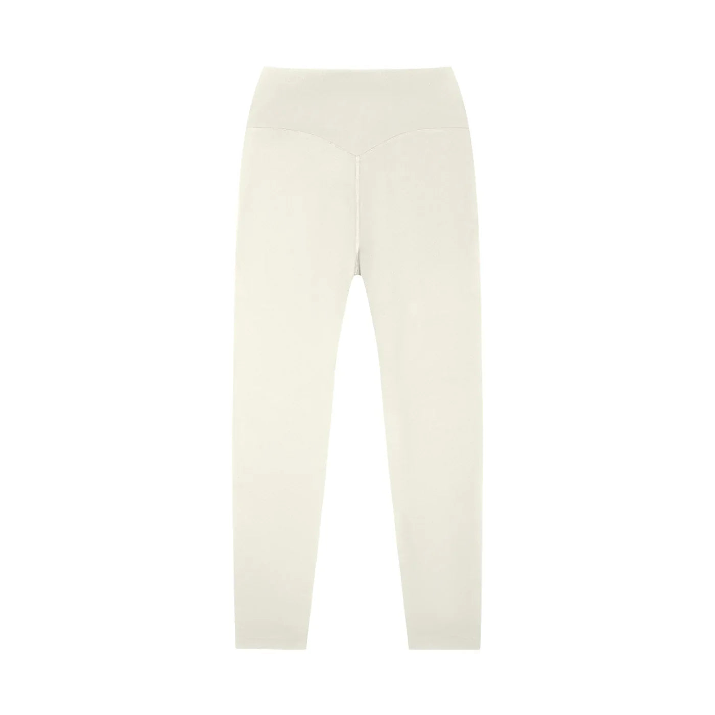 High-waisted cream yoga leggings, full length, flat lay on white background
