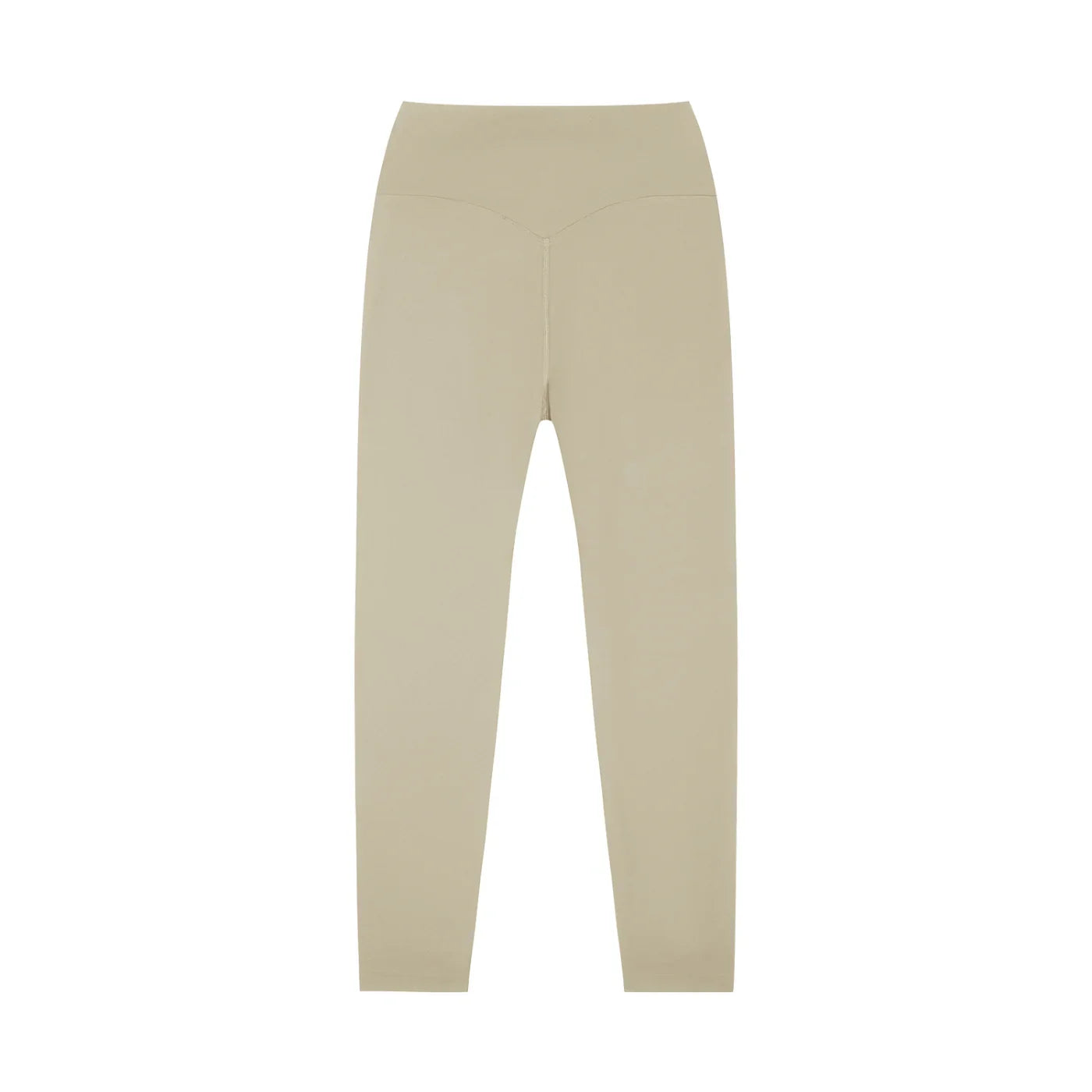 High-waisted beige yoga leggings, back view, seamless design