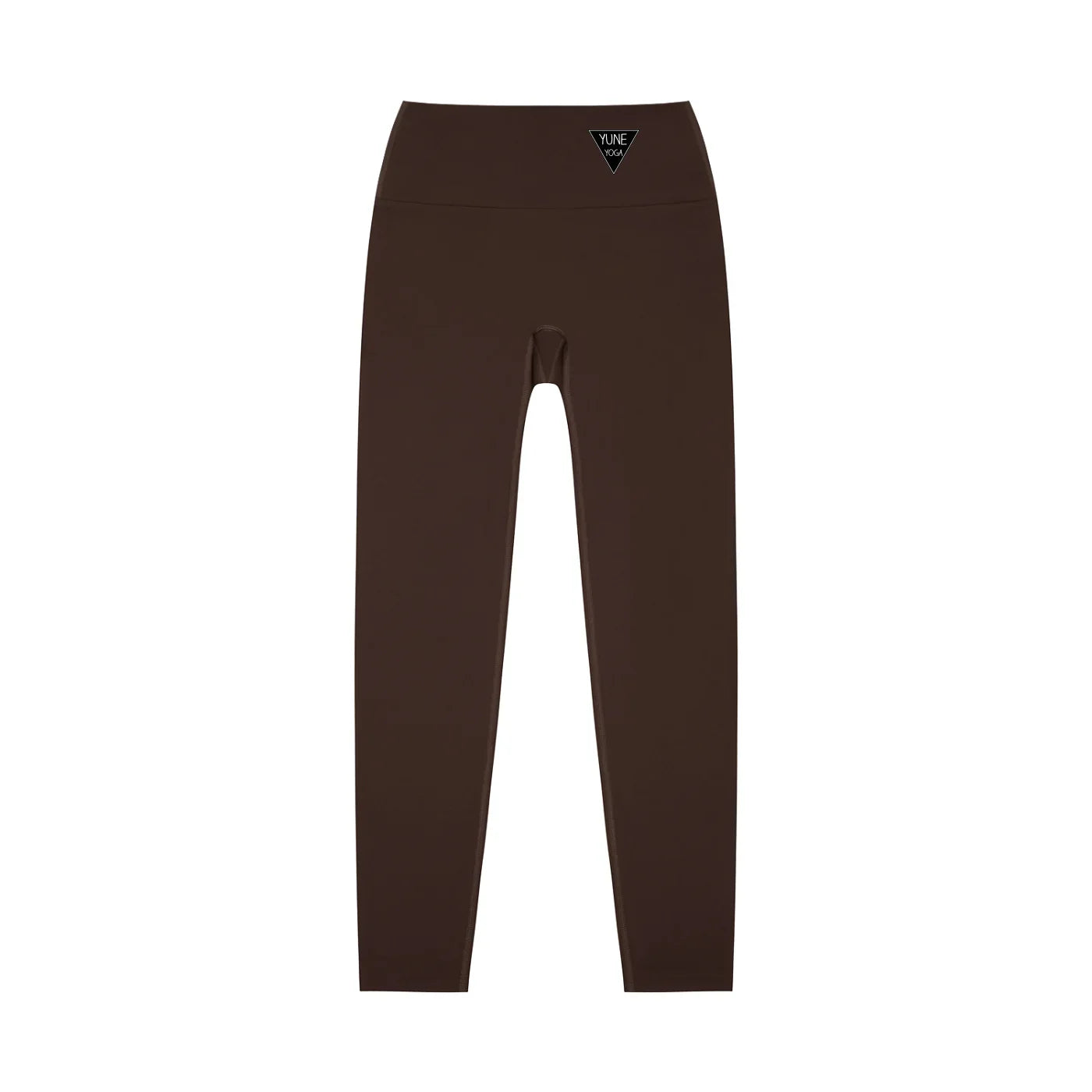 Brown high-waisted yoga leggings with small triangle logo on waistband, front view
