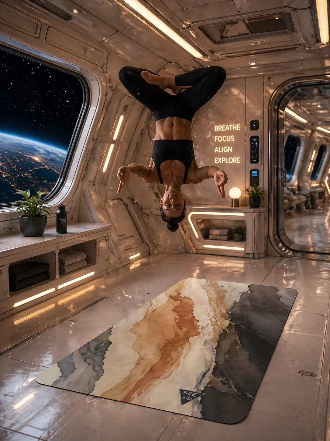 Woman doing floating yoga pose on marble-patterned mat in futuristic space station.
