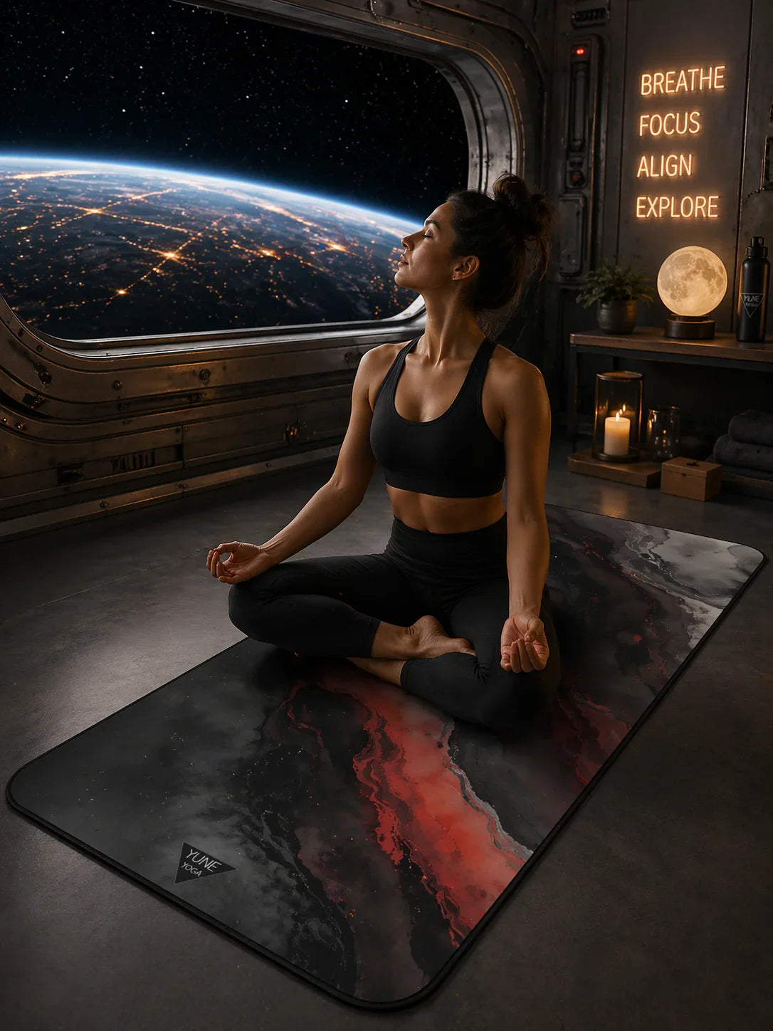 Woman meditating on a modern yoga mat in a futuristic space room with Earth view.
