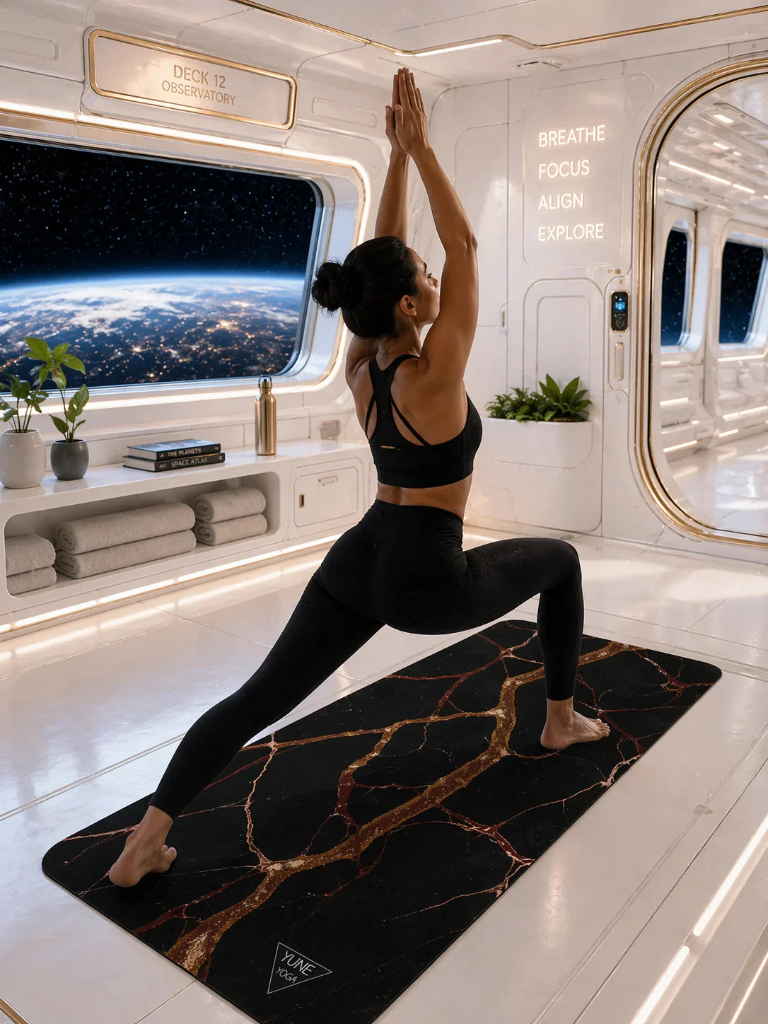 Woman practicing yoga pose on black marble yoga mat in futuristic space observatory with Earth view