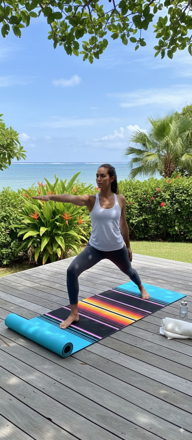 Woman practicing yoga on a colorful mat with a scenic background of trees and water.