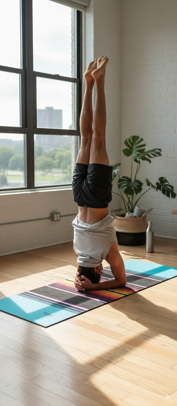 Person performing a handstand on a colorful yoga mat in a bright room with large windows and plants.