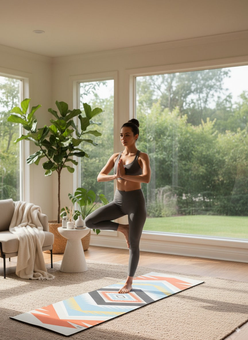 Woman practicing yoga in a bright living room with large windows.
