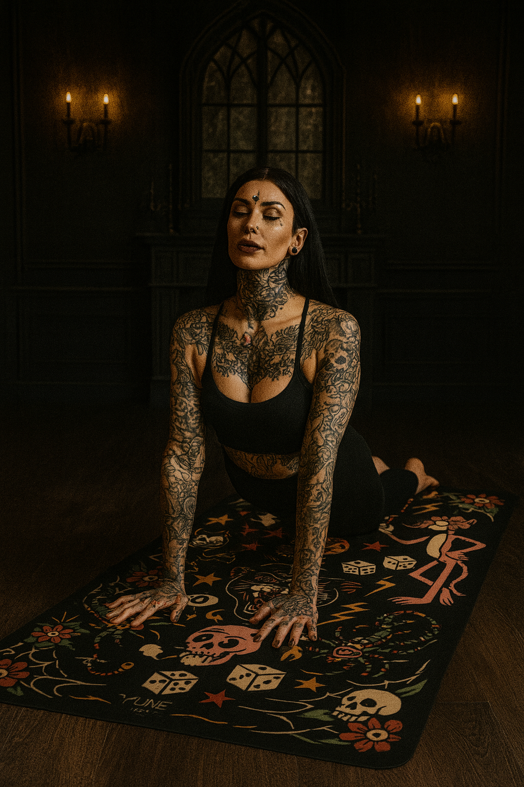 Tattooed woman on a decorated yoga mat in a dimly lit room with candles and stained glass.
