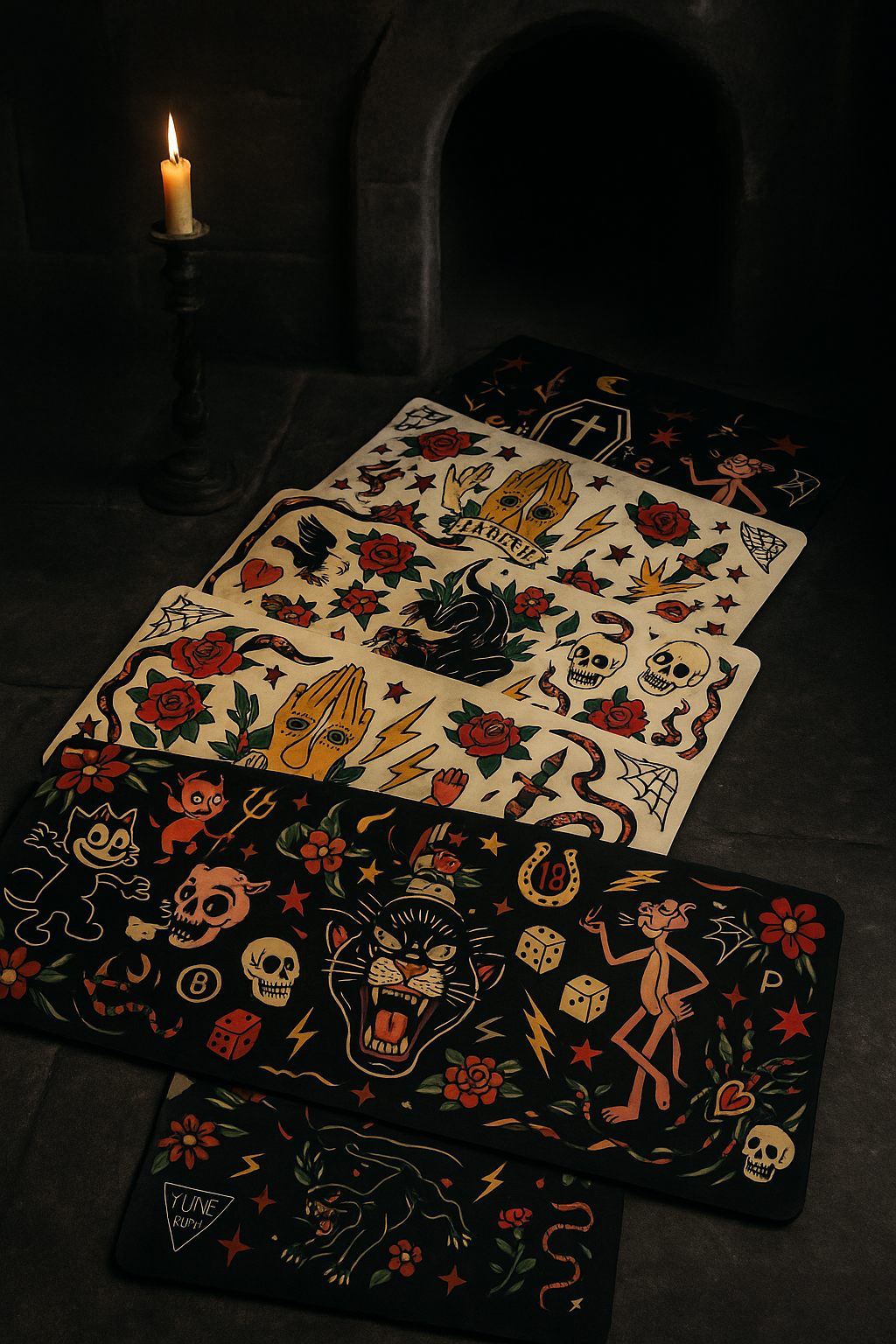 Set of tattoo-style coasters with various designs on a dark surface.