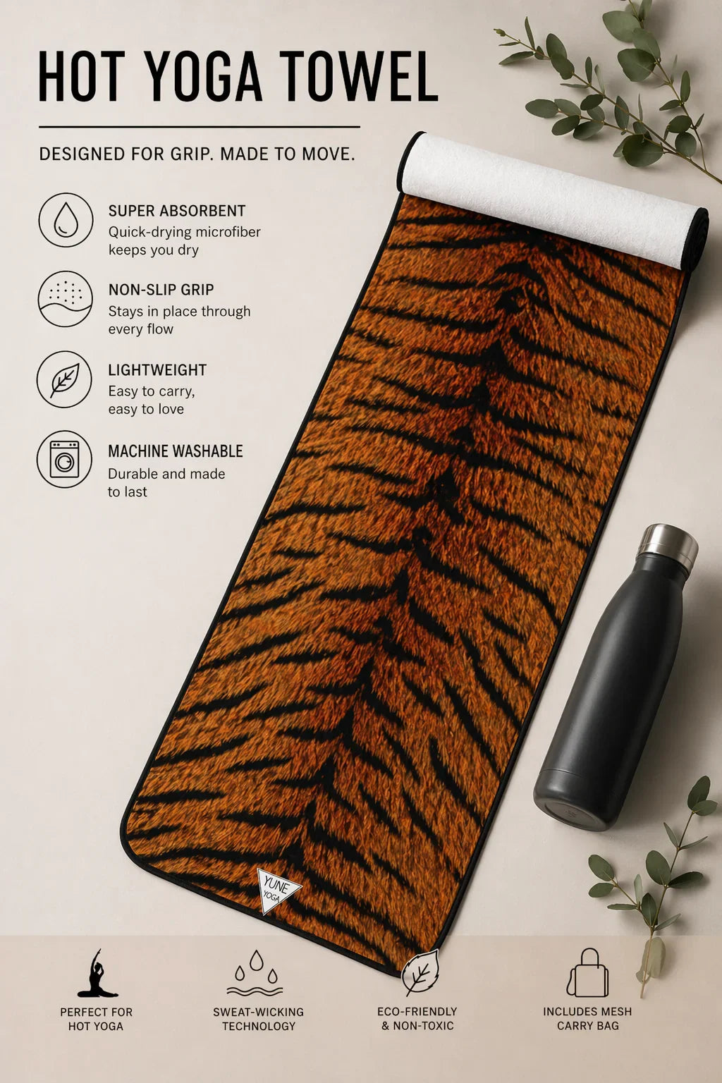 Tiger print hot yoga towel with water bottle, green leaves, and feature icons on beige background